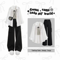 Outfit set ala korea berhijab (Kemeja Putih,Tanktop Rajut,Celana Cargo) Kemeja cewek 1 set sama cela