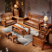 香樟木實木沙發組合中式現代客廳冬夏兩用古典花復古實木家具