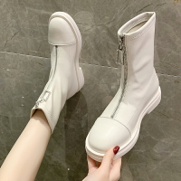 馬丁靴女春秋單靴2021新款米白色前拉鏈靴瘦瘦靴粗跟短靴女潮ins