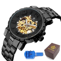 MG ORKINA Male Clock Skeleton Automatic Mechanical Wristwatch Stainless Steel Band Mens Watches + Gift Box