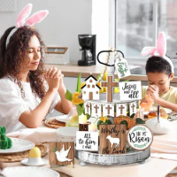 15 Pcs Easter Tiered Tray Decor Set Table Top Decor Farmhouse Wooden Block Signs Wood Decor For Easter 3 Tie Tray Wooden