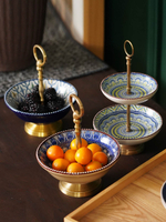 新中式青花手工彩繪陶瓷配銅雙層盤 銅把手糖果碗收納盤奢華擺件
