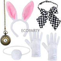 Easter White Rabbit Costume Bunny Dress Up Accessory Kit Include Headband Clock Necklace Tail Bowtie Nose Cosplay Accessories