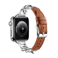 Suitable for Apple s9 generation iwatch87 metal chain patchwork leather strap on Applewatch