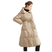 Women's Medium Length Down Coat, Full-Swing, Lace-Up, White Duck Down, Slimming, Black, White, Eider, Winter