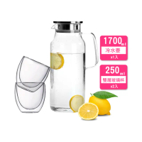 1壺2杯-Nordic簡約耐熱玻璃冷水壺組合1700ml+250ml(304不鏽鋼耐熱玻璃冷水壺雙層玻璃杯)