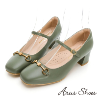【GDC】真皮復古風方頭瑪莉珍中跟包鞋-綠色(221016-18)