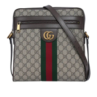 【GUCCI 古馳】Ophidia 綠紅織帶中款郵差包/斜背包(米色/烏木色)