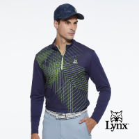 【Lynx Golf】男款吸濕排汗科技線條感山貓繡花長袖立領POLO衫-深藍色
