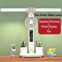 2in1 LED Table Lamp Multifunction Foldable Touch With Fan Calendar Clock USB Rechargable Desk Lamp For room Reading Night lights