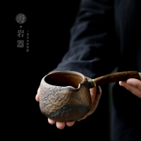 日式粗陶公道杯陶瓷側把公道杯復古仿柴燒公杯茶海公平杯防燙勻杯