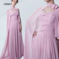 OIMG Pink Chiffon A Line Evening Gowns Dress Long Jacket Sleeve Formal Event Gowns Pleats Custom Dubai Evening Dresses Cape