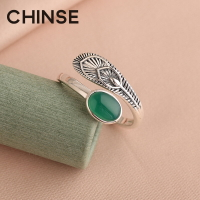 S925純銀鑲嵌和田碧玉蛋面戒指女綠寶石羽毛復古時尚個性開口指環