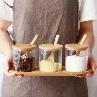 ReadyStock|3 in 1 Seasoning Glass Bamboo Wooden Condiment Container Glass Jar Spices Seasoning Bottl