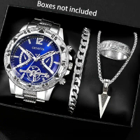 Set of 4 New Fashion Stainless Steel Quartz Watches, Including Stainless Steel Bracelet, Ring, Neckl
