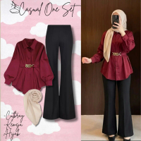 Setelan Wanita Kekinian 3IN1 || Kemeja Rantai Balon, Cutbray Scuba, Hijab Bella Square || Nyaman Dig