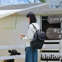 『猴子包』Kipling 曜岩黑品牌經典圓標拉鍊掀蓋後背包-CITY PACK