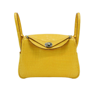 二手品 Hermes 愛馬仕 Lindy 26 霧面鱷銀釦手提包(Y刻/琥珀黃)