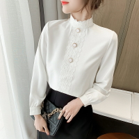 蕾絲拼接白襯衫女春季2022新款韓系設計感職業氣質立領長袖上衣潮