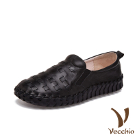 【Vecchio】真皮樂福鞋/全真皮編織超厚軟底手工頭層牛皮舒適樂福鞋(黑)