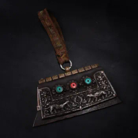 6"Tibetan Temple Collection Old Tibetan Silver Mosaic Gem Beast Texture tinder tool for making fire Dharma Amulet pendant