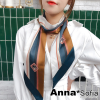 AnnaSofia 條紋象影斜角 窄版緞面仿絲領巾絲巾圍巾(黃褐藍系)