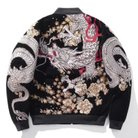 Boy Men Sukajan Souvenir Jacket Peony White Dragon Embroidered Loose Coats Hip Hop Streetwear Black High Street