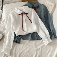 白色長袖襯衫女早秋季新款法式氣質設計感蝴蝶結系帶上衣服
