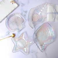 Clear Gold Rim Electroplated Blue Sea Features Snail Starfish Scallop Shape Transparent Rainbow Crystal Glass Dish Plate Saucer