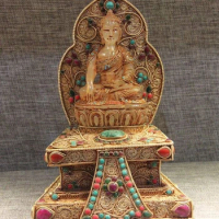 Tibet Silver Gild Crystal Inlay Ruby Beryl Gem Carved Sakyamuni Buddha Statue