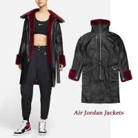 Nike 大衣 Air Jordan 女款 黑 酒紅 長版 毛毛 立領 翻領 喬丹 皮衣 人造毛皮 DC2606-010