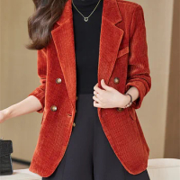 Yitimuceng Fall Winter Corduroy Blazer for Women 2023 New Korean Fashion Long Sleeve Solid Coat Office Ladies Slim Formal Jacket