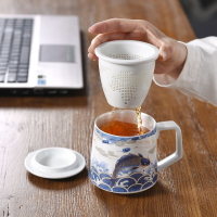 銀杯子999純銀茶杯陶瓷老板辦公杯茶水分離杯帶蓋過濾水杯禮品