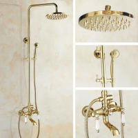 Shower Faucets Gold Brass Bathroom Shower Mixer Tap Faucet Set Rain Shower Head Round Wall Mounted Bathtub Faucet agf362