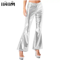 Womens Shiny Metallic Disco Elastic Waistband Bell Bottom Flared Trousers Cosplay Dancing Party Stage Performance Costume Pants