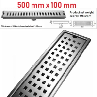 VIBORG 500mm x 100mm Deluxe 304 Stainless Steel Extra-thick Rectangular Bathroom Shower Linear Floor Drain Drainage Stainer