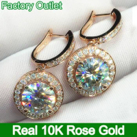 Custom Real 10K Rose Gold Drop Earrings Women Round Moissanite Diamond Present Wedding Anniversary Engagement U Clip Earrings