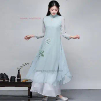 2024 traditional vietnam aodai cheongsam dress national flower print chiffon qipao ao dai dress oriental tea service hanfu dress