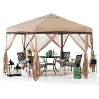 Outdoor Hexagon Steel Frame Soft Top Gazebo Canopy 2-Tone Portable Canopy/Tent 11x11 Ft. Pop Up Gazebo Tan &amp; Brown Freight Free