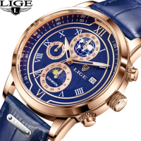 LIGE Leather Watch Mens Luxury Brand Big Dial Watch Men Waterproof Quartz Wristwatch Sports Chronograph Clock Relogio Masculino