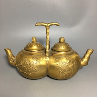 熱賣古玩古董仿古銅器銅壺水壺酒壺黃銅做舊梅蘭竹菊連體雙銅壺