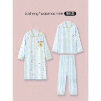 Blue Plaid Hello Kitty Nightdress Couple Pajamas Women Spring Autumn Long Sleeve Men Homewear