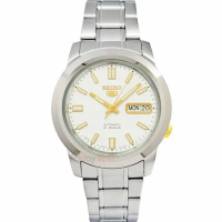 SEIKO 精工 SNKK07J1手錶 日本製 盾牌5號 自動機械錶 白X金色面 夜光 鋼帶 男錶