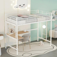 Twin Metal Loft Bed with Desk and Metal Grid,White/Black
