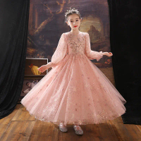 Children's Performance Dress  Girls' Show Dress Pink Heavy-duty Lace Long Puffy Princess Skirt E911-