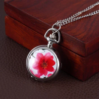 Silver little red flower pattern pocket watch ceramic patch pocket watch flip necklace pendant watch