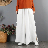 Chinese Style Bottom For Women Cotton Linen Pants Woman Orient High Waist Loose Wide Leg Trousers Split Breathable Outfit KK4466