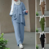 Muslim Long Sleeve Patch Pocket Hidden Door Tube Dyed Button Elastic Waist Long Pants Shirt Set