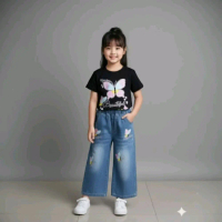 STELAN ANAK PEREMPUAN CELANA JEANS KUPU-KUPU DAN KAOS TRENDY GAMBAR KUPU-KUPU USIA 3-8 TAHUN