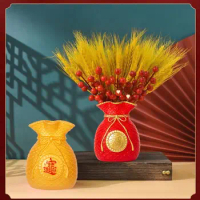 Plastic Blessed Bag Happiest Fortune Making Red Festival Decoration Yellow Flower Arrangement Vase Chinese New Year